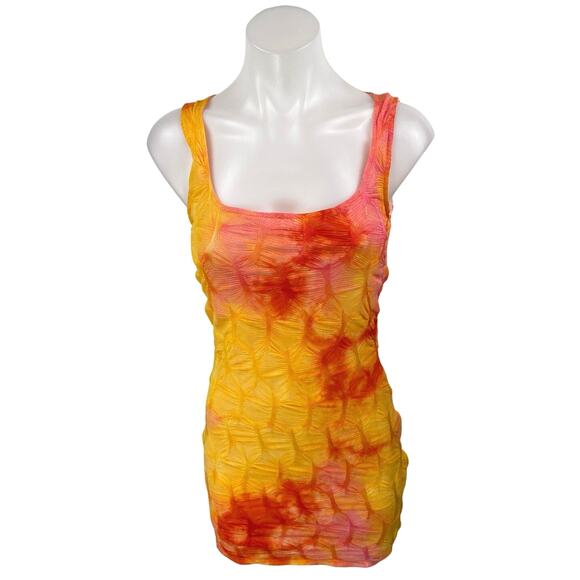 Akira Yellow Coral Textured Tie Dye Sleeveless Cami Tank Mini Bodycon Dress S - Picture 1 of 5